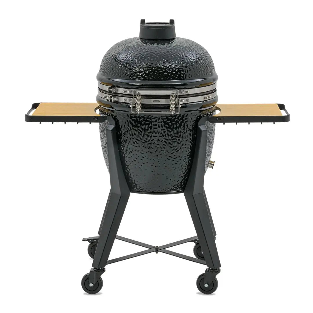Monolith TWO 55cm Ceramic barbecue grill with cart and side tables back view on a white background