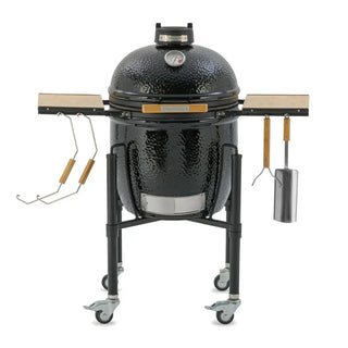 Monolith ONE 55cm Black ceramic kamado grill on wheels with wooden side tables closed view with accessories on a white background