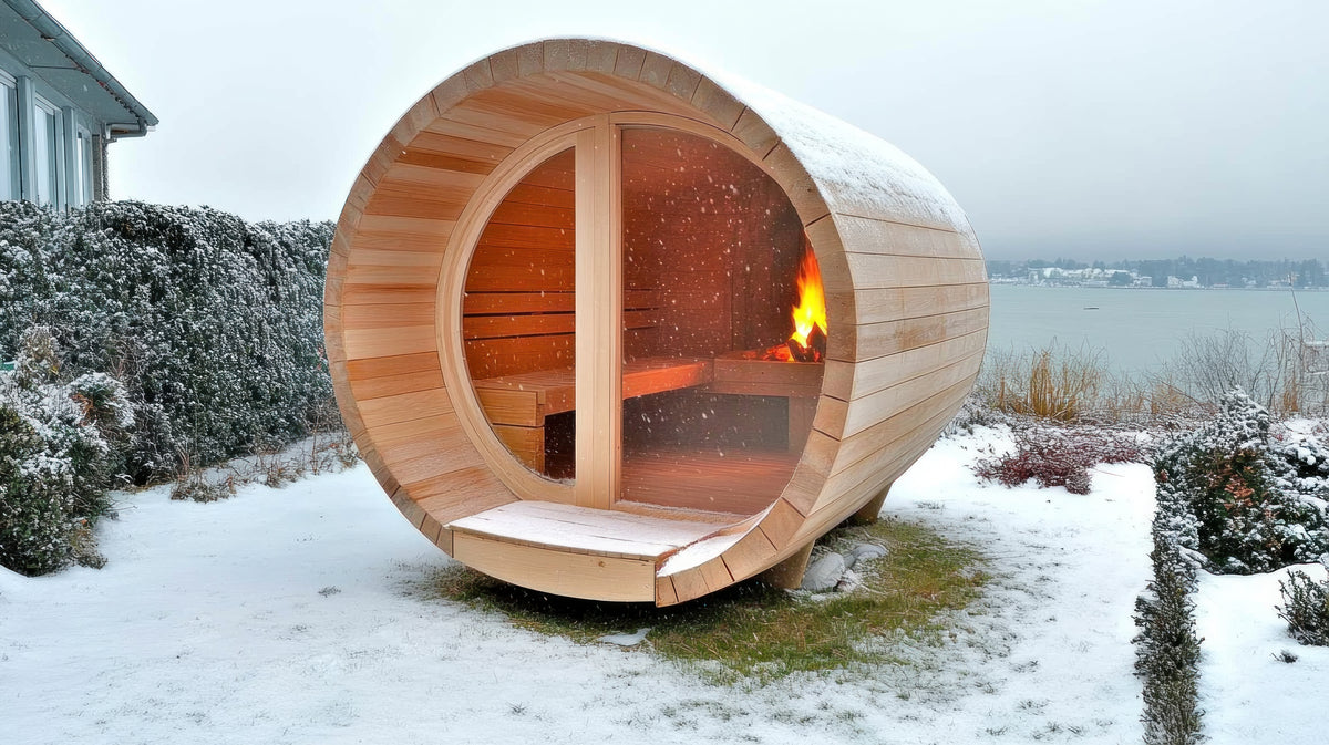 A wooden barrel sauna with a glass front, standing in the snow by the water