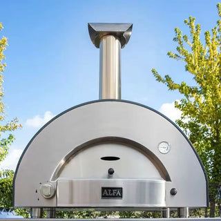 Stainless steel Alfa Classico 2 Pizze Hybrid Gas pizza oven  with 'branding against a blue sky and trees.