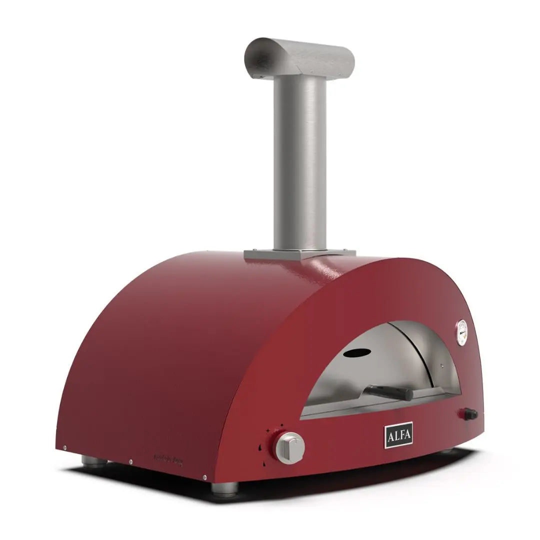 Alfa Moderno 2 Pizze Hybrid Pizza Oven in Antique Red on a white background side front view