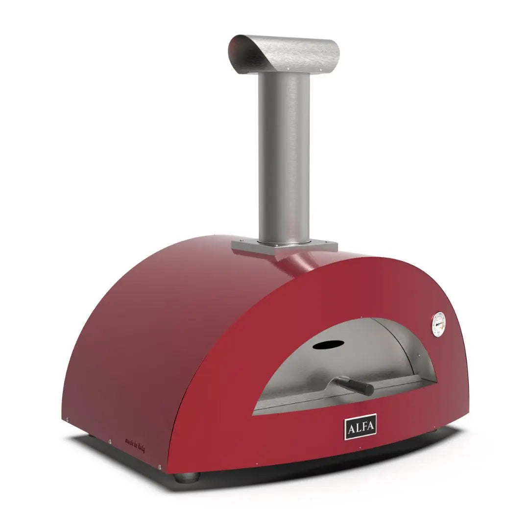Alfa Moderno 2 Pizze Wood Fired Pizza Oven in Antique Red on a white background side front view