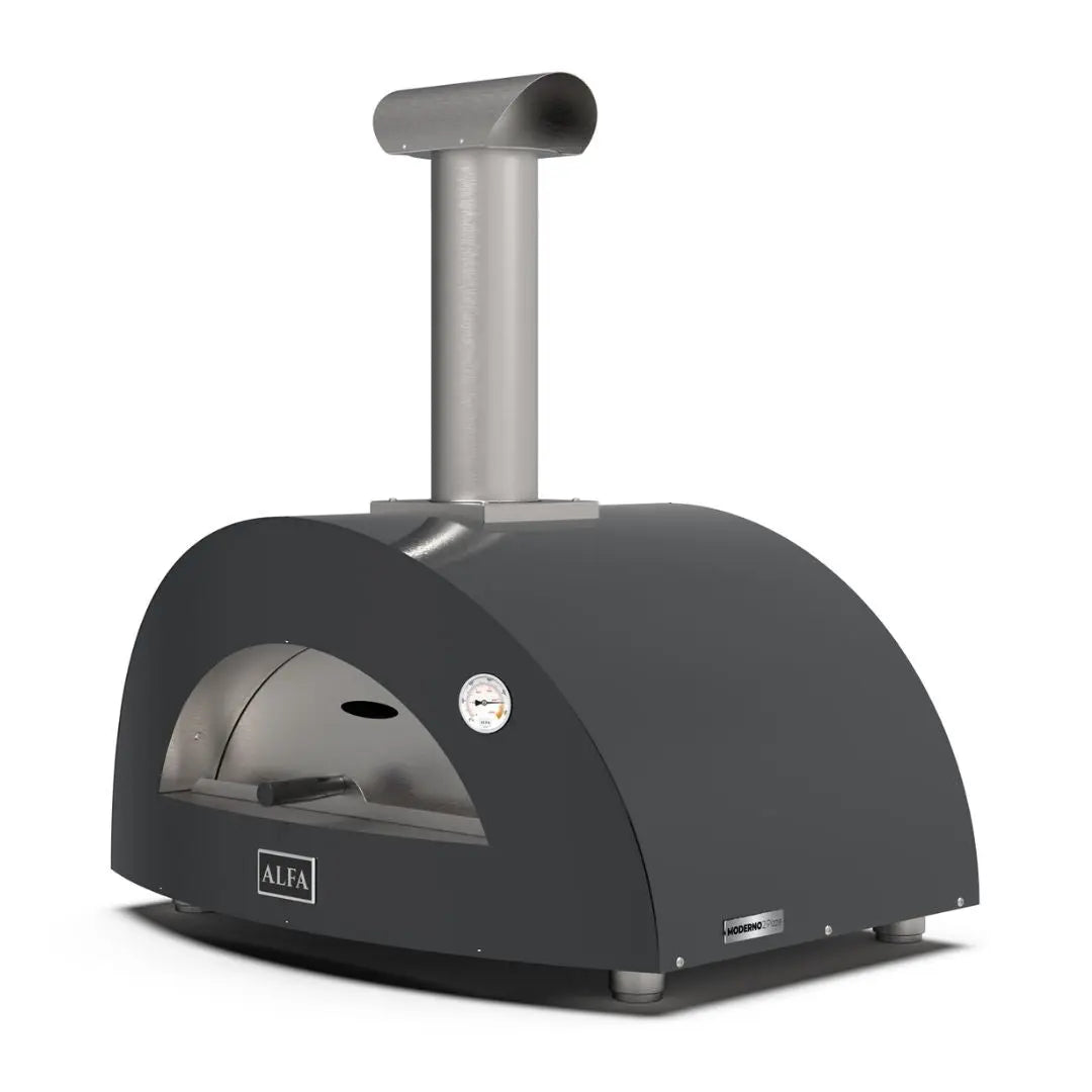Alfa Moderno 2 Pizze Wood Fired Pizza Oven in Ardesia Grey on a white background side front view