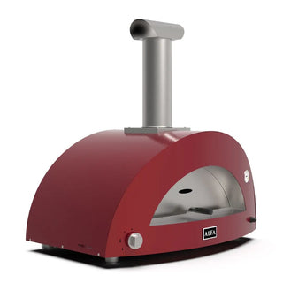 Alfa Moderno 3 Pizze Hybrid Pizza Oven in Antique Red with a silver chimney on a white background front side view