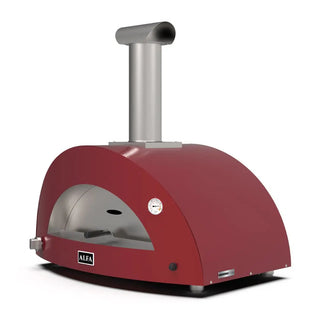 Alfa Moderno 3 Pizze Hybrid Pizza Oven in Antique Red with a silver chimney on a white background front side view