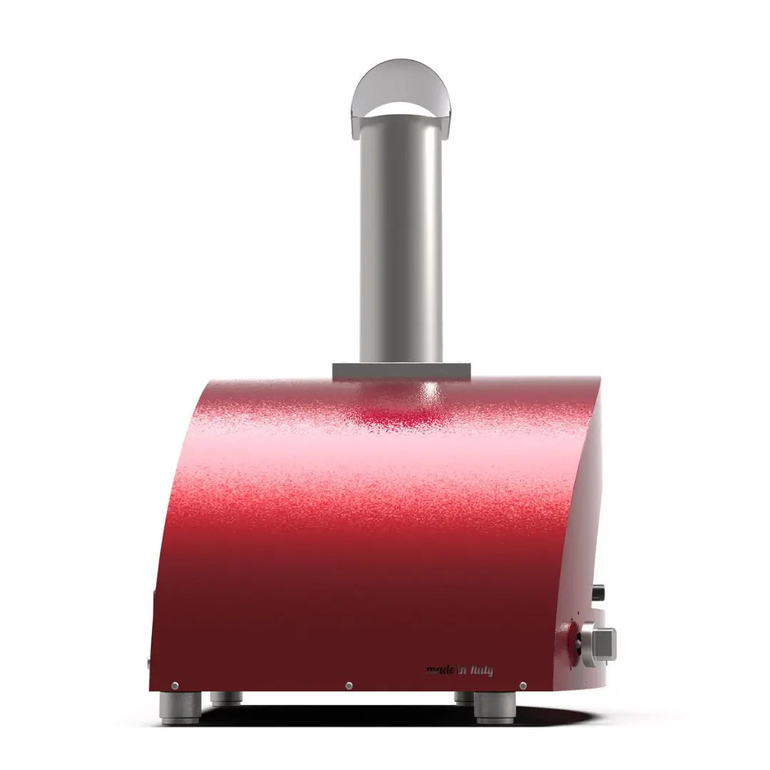 Alfa Moderno 3 Pizze Hybrid Pizza Oven in Antique Red with a silver chimney on a white background side view