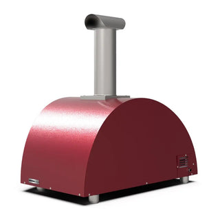Alfa Moderno 3 Pizze Hybrid Pizza Oven in Antique Red with a silver chimney on a white background side back view