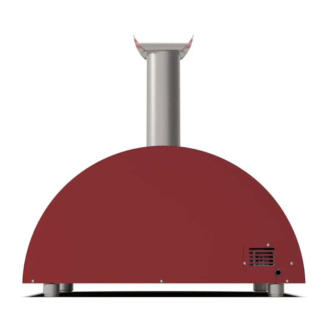 Alfa Moderno 3 Pizze Hybrid Pizza Oven in Antique Red with a silver chimney on a white background back view