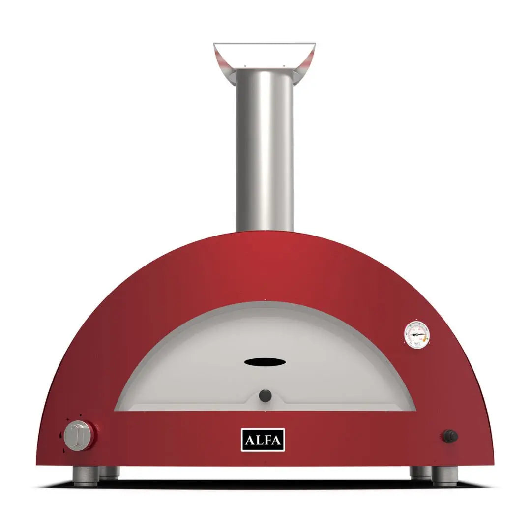 Alfa Moderno 3 Pizze Hybrid Pizza Oven in Antique Red with a silver chimney on a white background