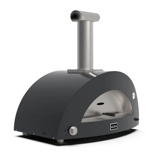 Alfa Moderno 3 Pizze Hybrid Pizza Oven in Ardesia Grey with a silver chimney on a white background side front view