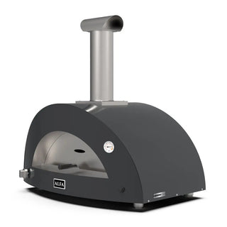 Alfa Moderno 3 Pizze Hybrid Pizza Oven in Ardesia Grey with a silver chimney on a white background side front view