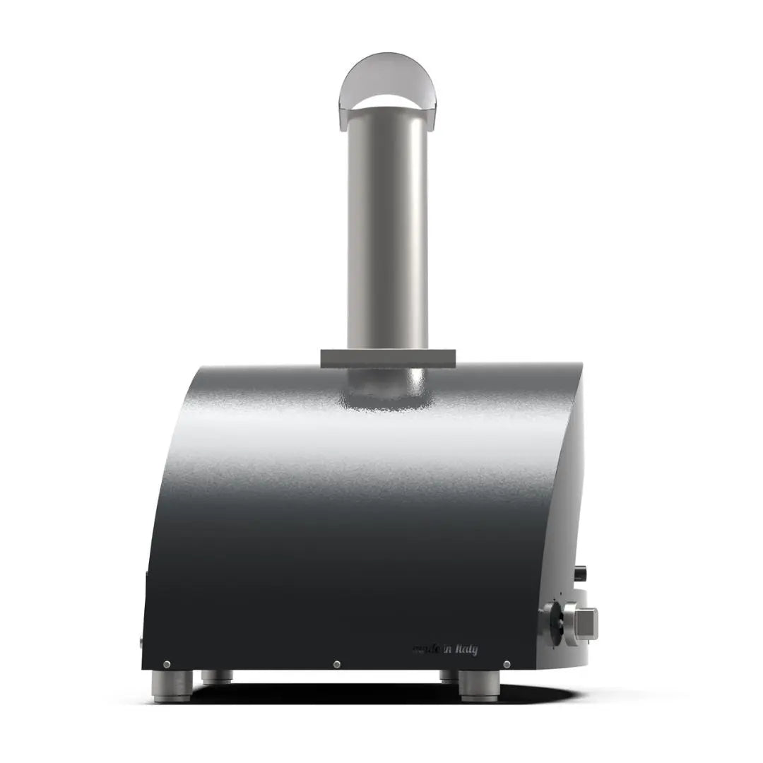 Alfa Moderno 3 Pizze Hybrid Pizza Oven in Ardesia Grey with a silver chimney on a white background side view