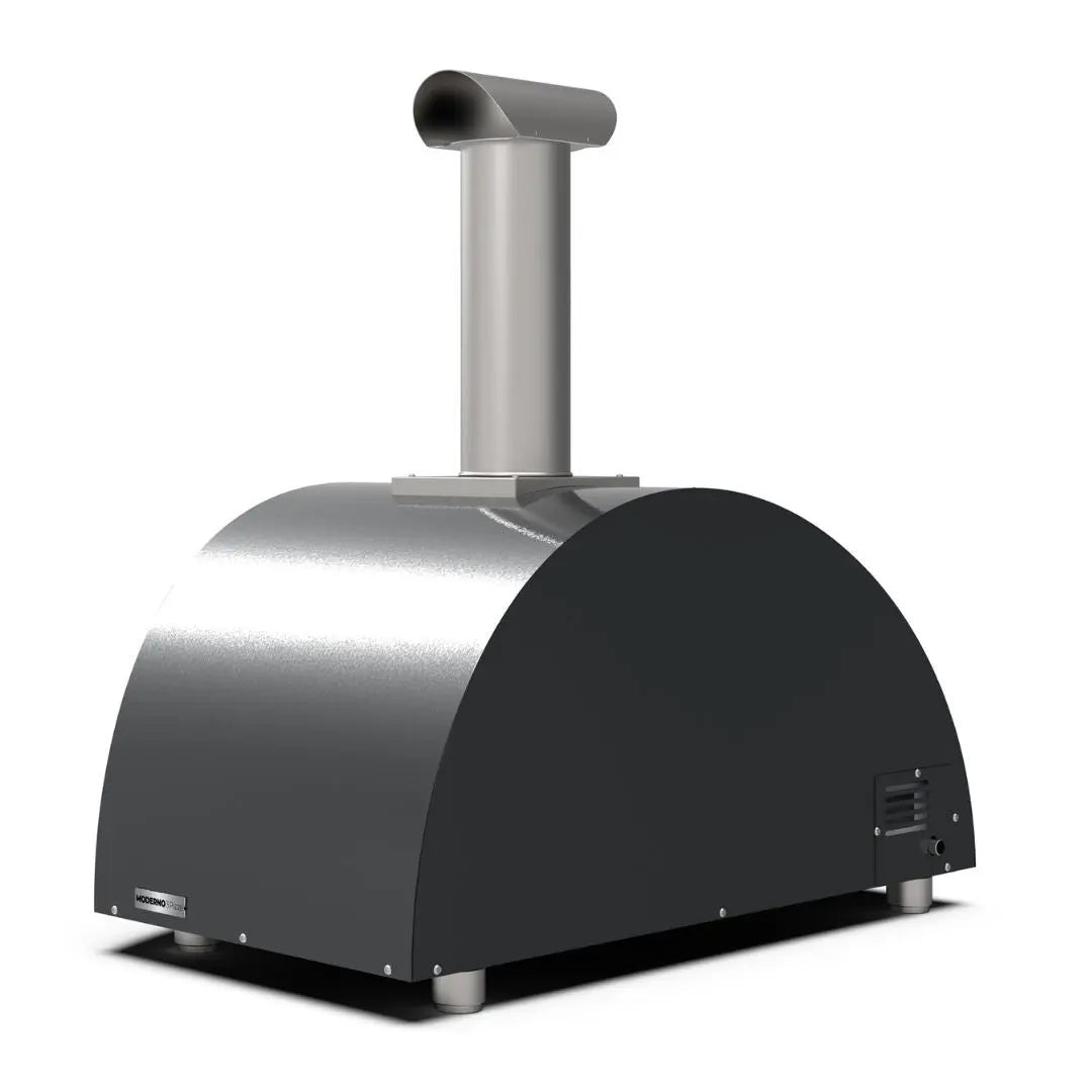 Alfa Moderno 3 Pizze Hybrid Pizza Oven in Ardesia Grey with a silver chimney on a white background side back view