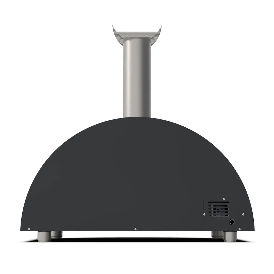 Alfa Moderno 3 Pizze Hybrid Pizza Oven in Ardesia Grey with a silver chimney on a white background back view