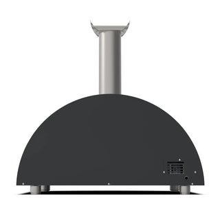 Alfa Moderno 3 Pizze Hybrid Pizza Oven in Ardesia Grey with a silver chimney on a white background back view