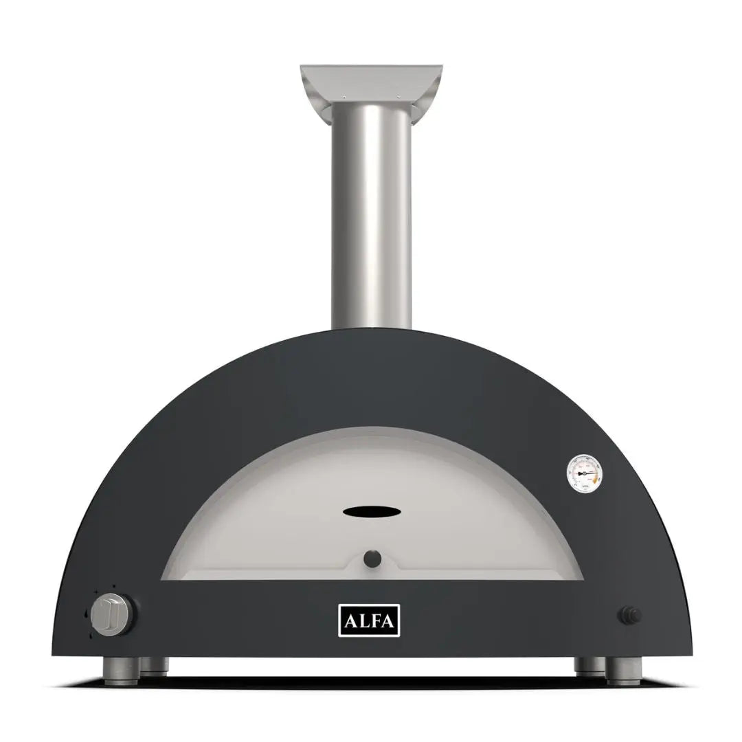 Alfa Moderno 3 Pizze Hybrid Pizza Oven in Ardesia Grey with a silver chimney on a white background