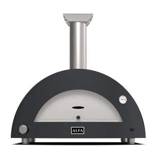 Alfa Moderno 3 Pizze Hybrid Pizza Oven in Ardesia Grey with a silver chimney on a white background