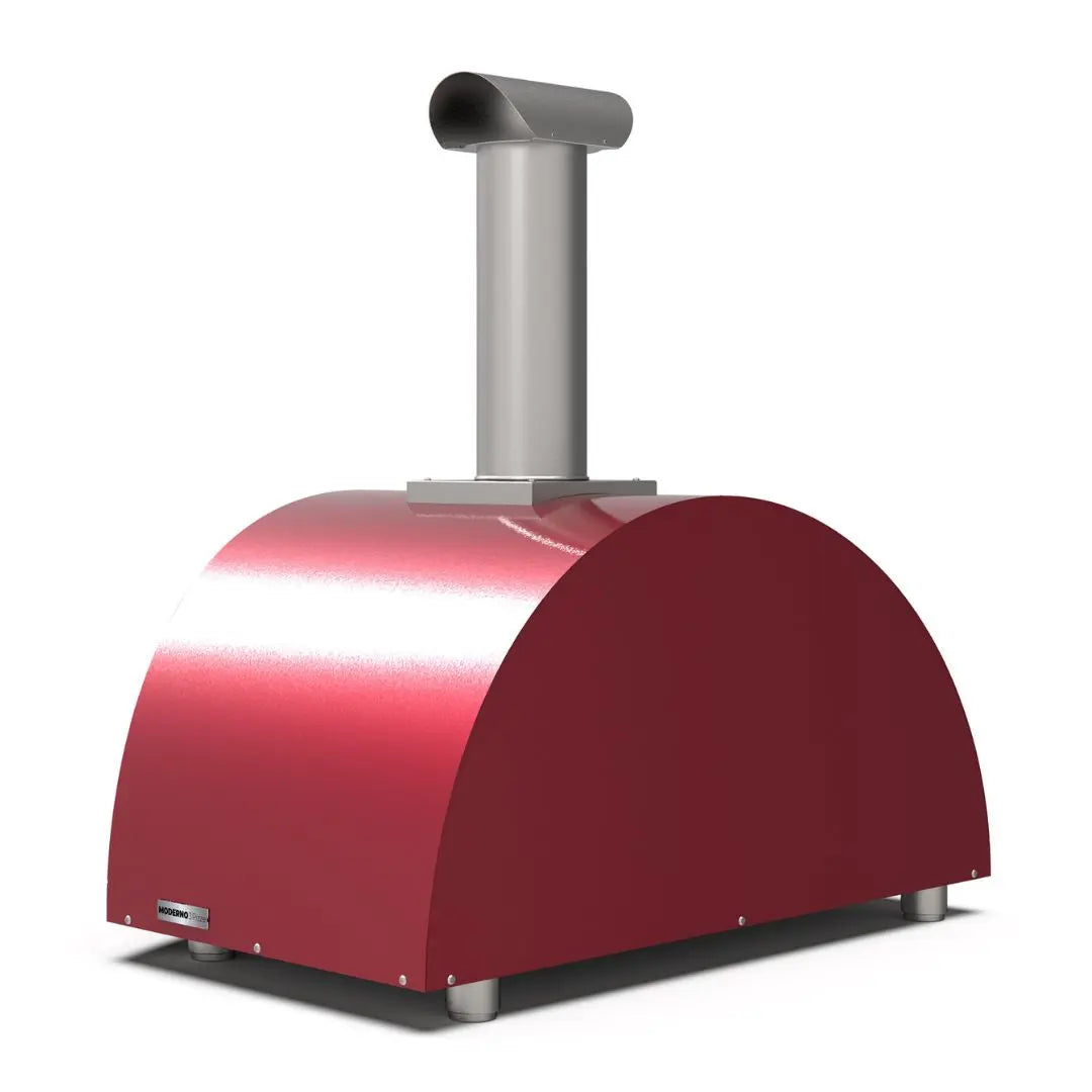 Alfa Moderno 3 Pizze Wood Fired Pizza Oven in Antique Red on a white background side back view