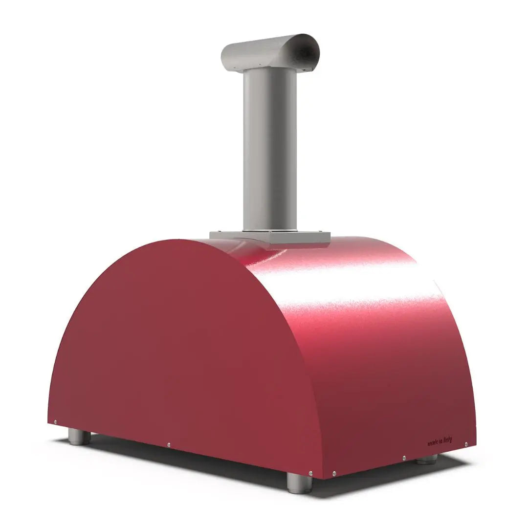 Alfa Moderno 3 Pizze Wood Fired Pizza Oven in Antique Red on a white background side back view