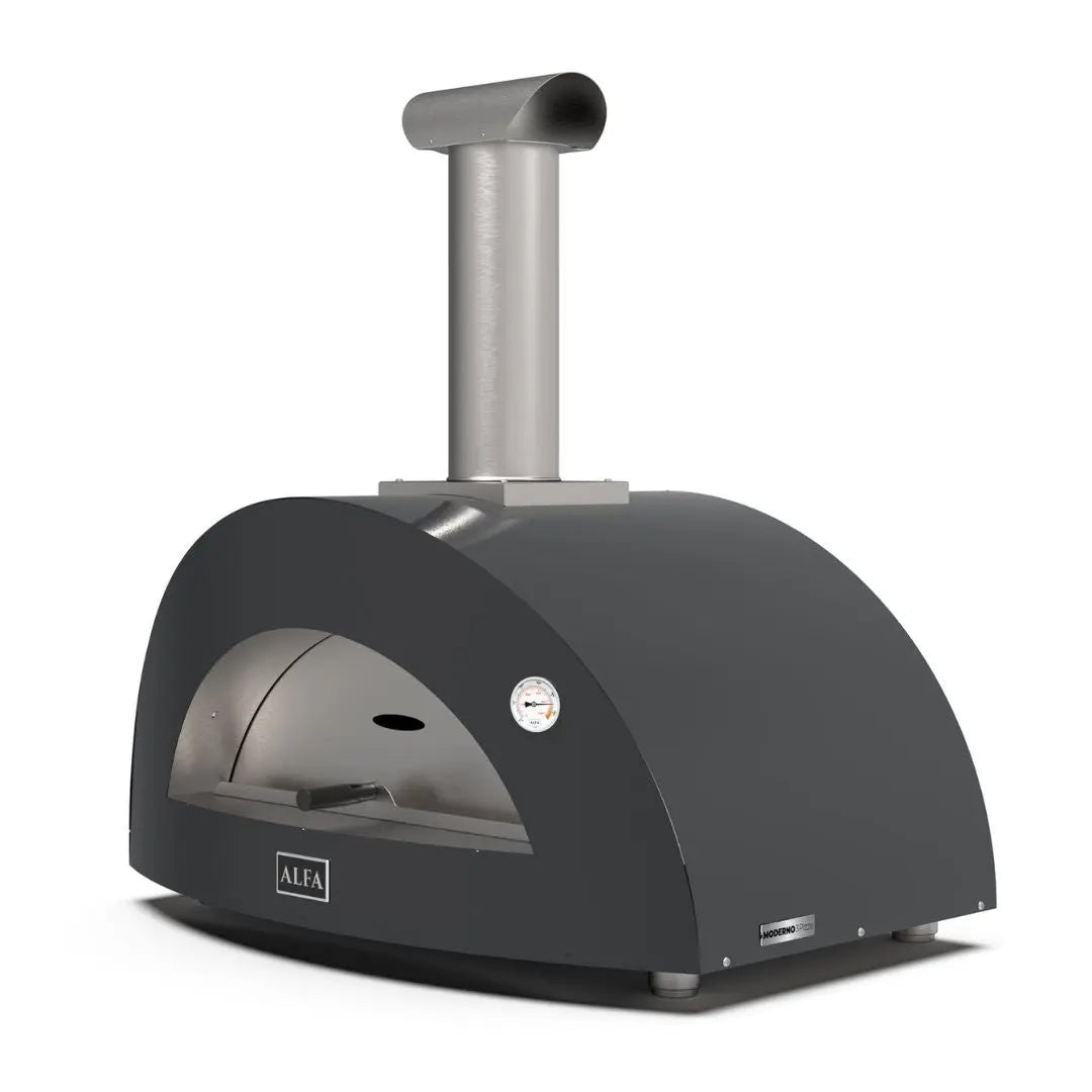 Alfa Moderno 3 Pizze Wood Fired Pizza Oven in Ardesia Grey on a white background side front view