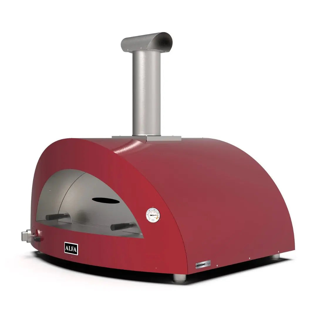 Alfa Moderno 5 Pizze Hybrid Gas Pizza Oven in Antique Red on a white background side front view