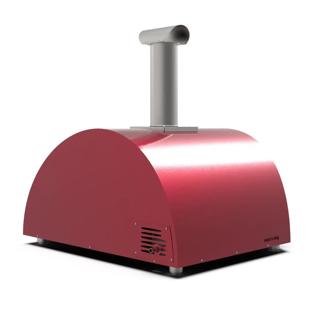 Alfa Moderno 5 Pizze Hybrid Gas Pizza Oven in Antique Red on a white background side back view