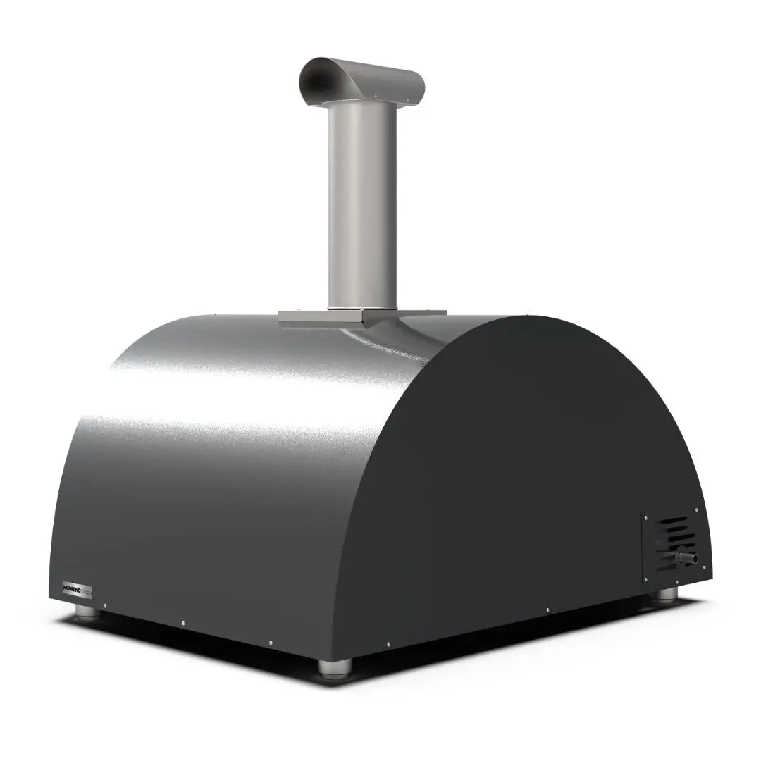 Alfa Moderno 5 Pizze Hybrid Gas Pizza Oven in Ardesia Grey on a white background side back view