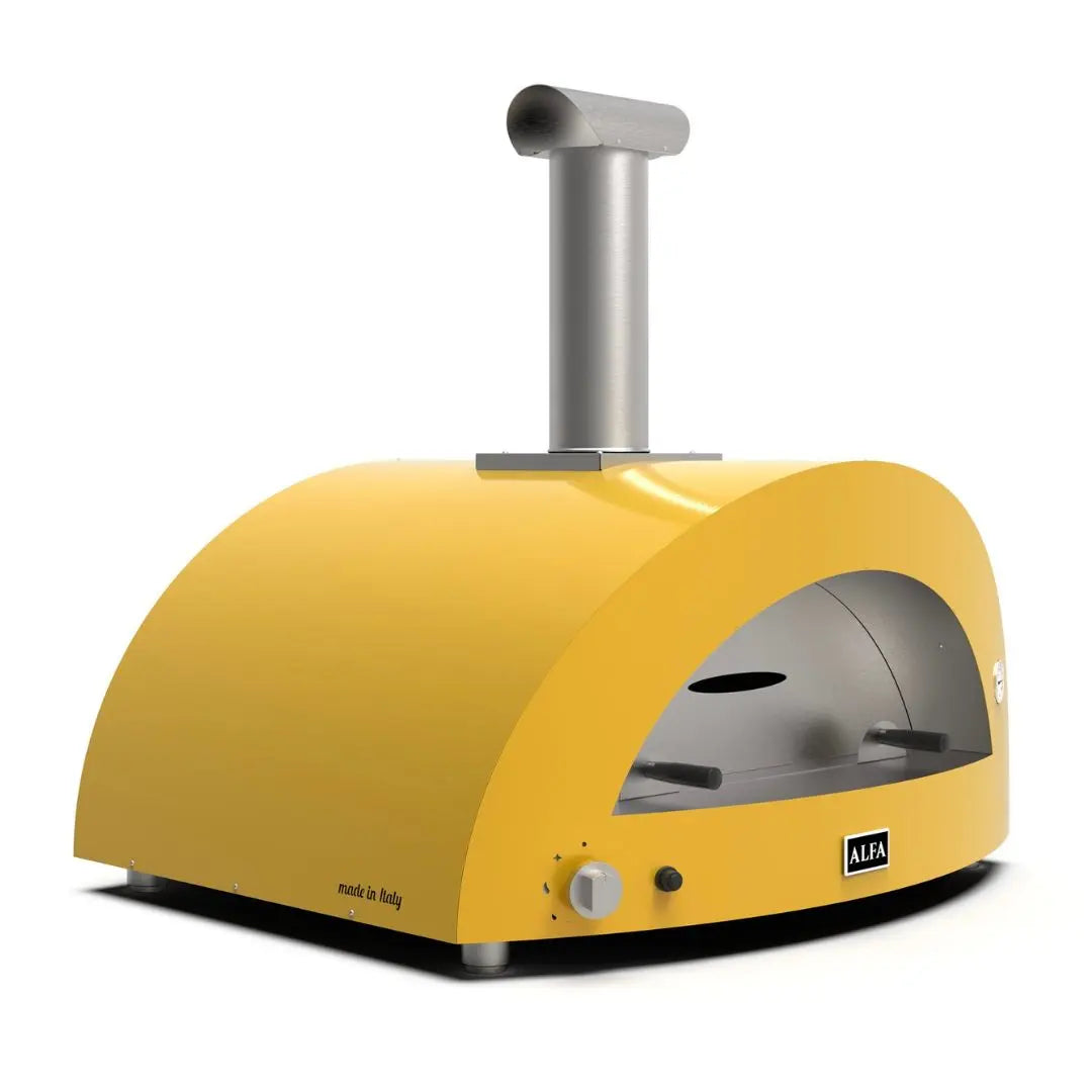 Alfa Moderno 5 Pizze Hybrid Gas Pizza Oven in Fire Yellow on a white background side front view