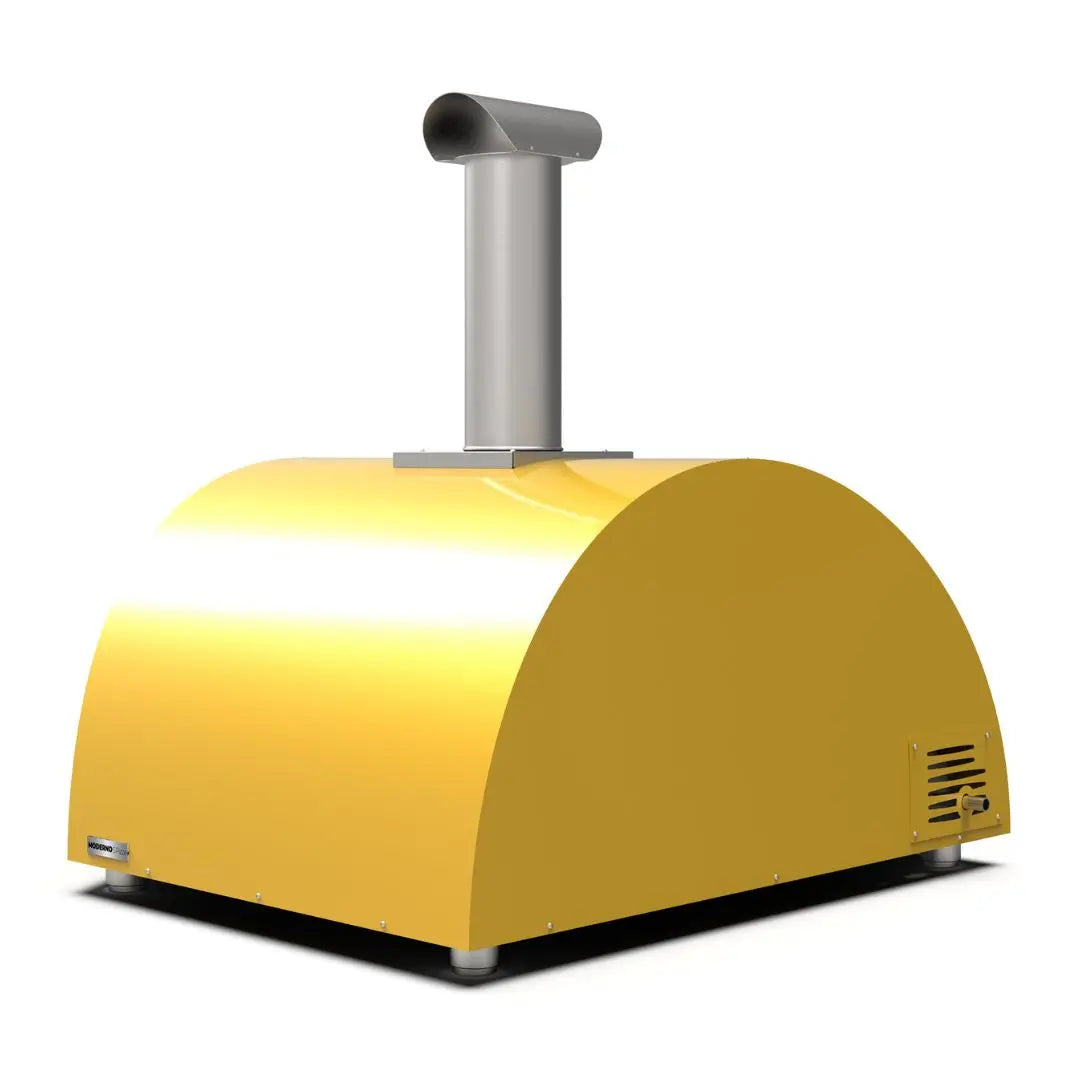 Alfa Moderno 5 Pizze Hybrid Gas Pizza Oven in Fire Yellow on a white background side back view
