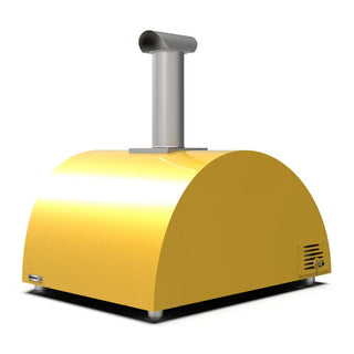 Alfa Moderno 5 Pizze Hybrid Gas Pizza Oven in Fire Yellow on a white background side back view