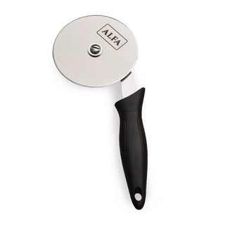 Alfa Pizza cutter with black handle and metal wheel on a white background