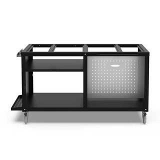 Black Alfa Pizza Oven cooking station 160 frame with shelves and perforated panel on a white background