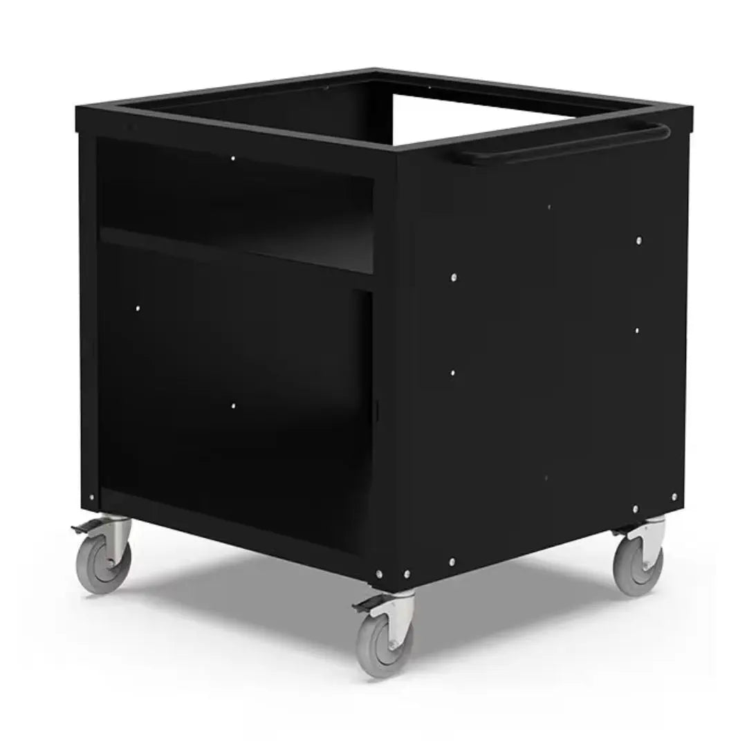 Black Alfa Cooking Station 80 Frame with two shelves wheels on a white background