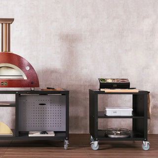 Alfa pizza oven cooking station 80 rolling cart with kitchen equipment against a textured wall.