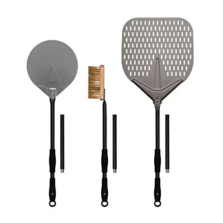 Set of Alfa pizza oven tools including a peel, turner and brush on white background