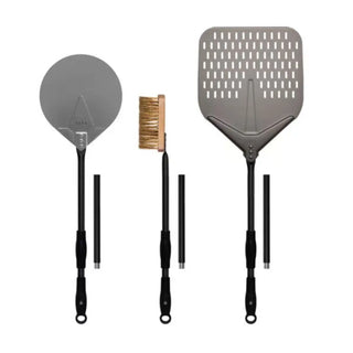 Set of Alfa pizza oven tools including a peel, turner and brush on white background