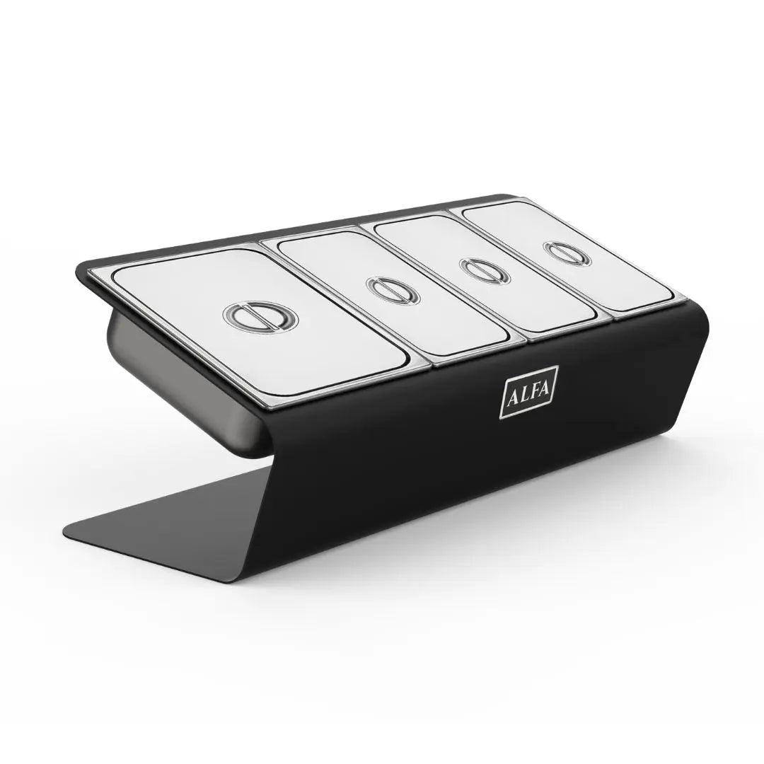 Stainless steel Alfa pizza oven topping station with four compartments and black frame on a white background