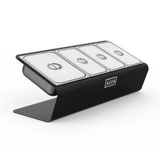 Stainless steel Alfa pizza oven topping station with four compartments and black frame on a white background
