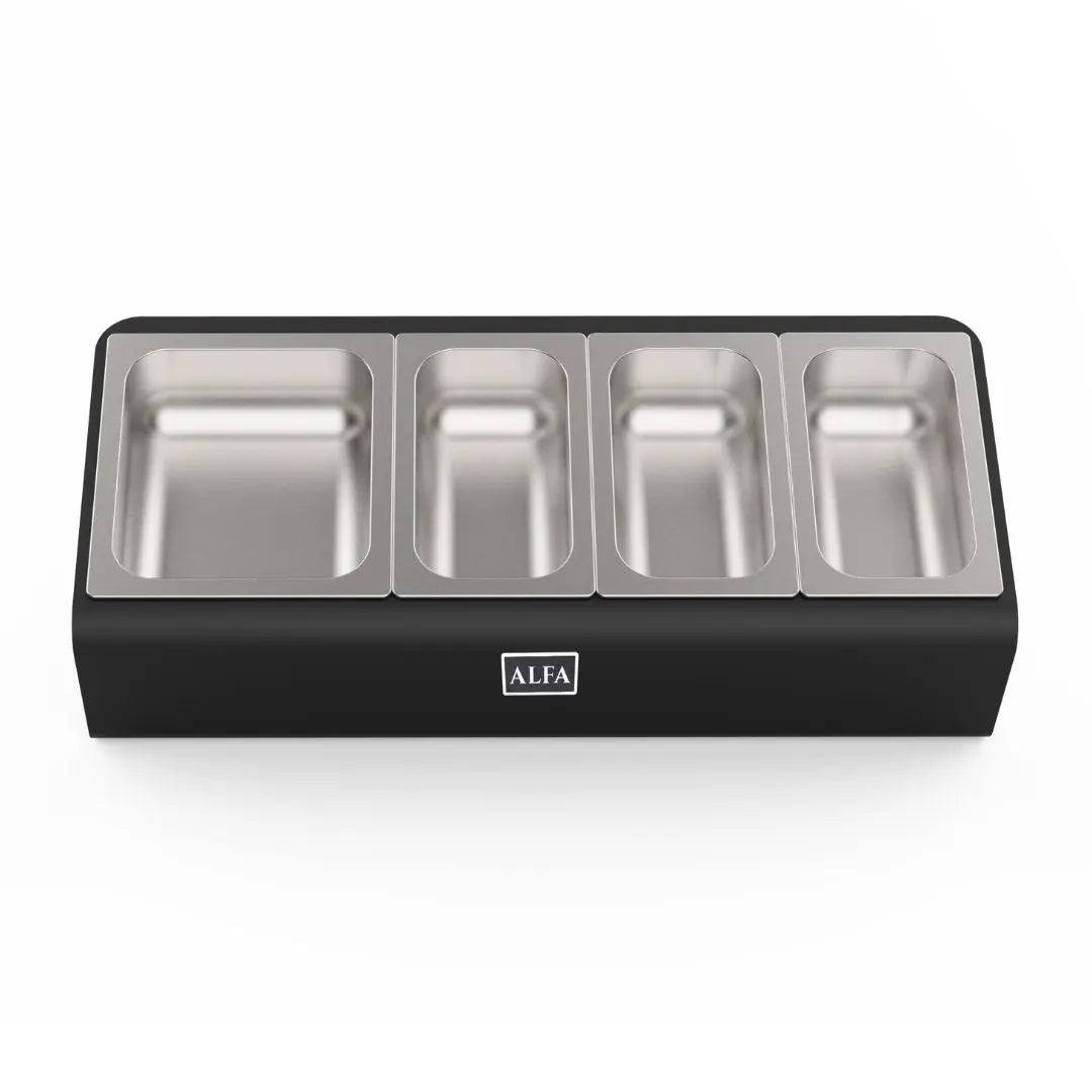 Stainless steel Alfa pizza oven topping station with four compartments and black frame on a white background