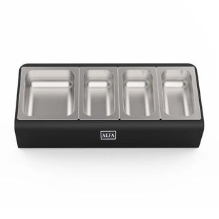 Stainless steel Alfa pizza oven topping station with four compartments and black frame on a white background