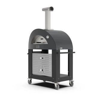 Black outdoor pizza oven on trolley base with a white background