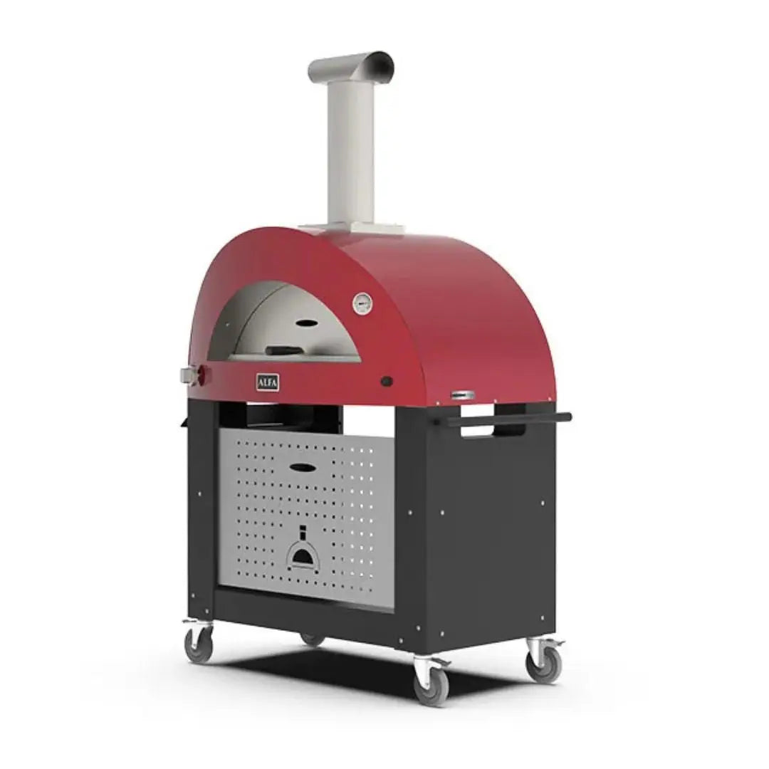 Red Alfa pizza oven on black outdoor trolley base with a white background