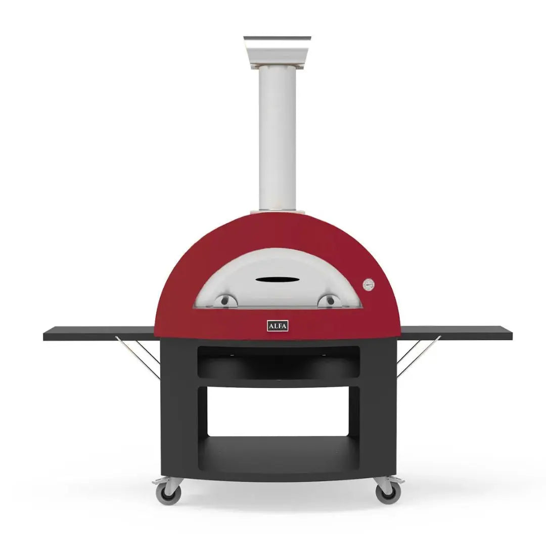 Red outdoor Alfa pizza oven with a white base on a white background