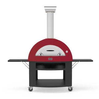 Red outdoor Alfa pizza oven with a white base on a white background