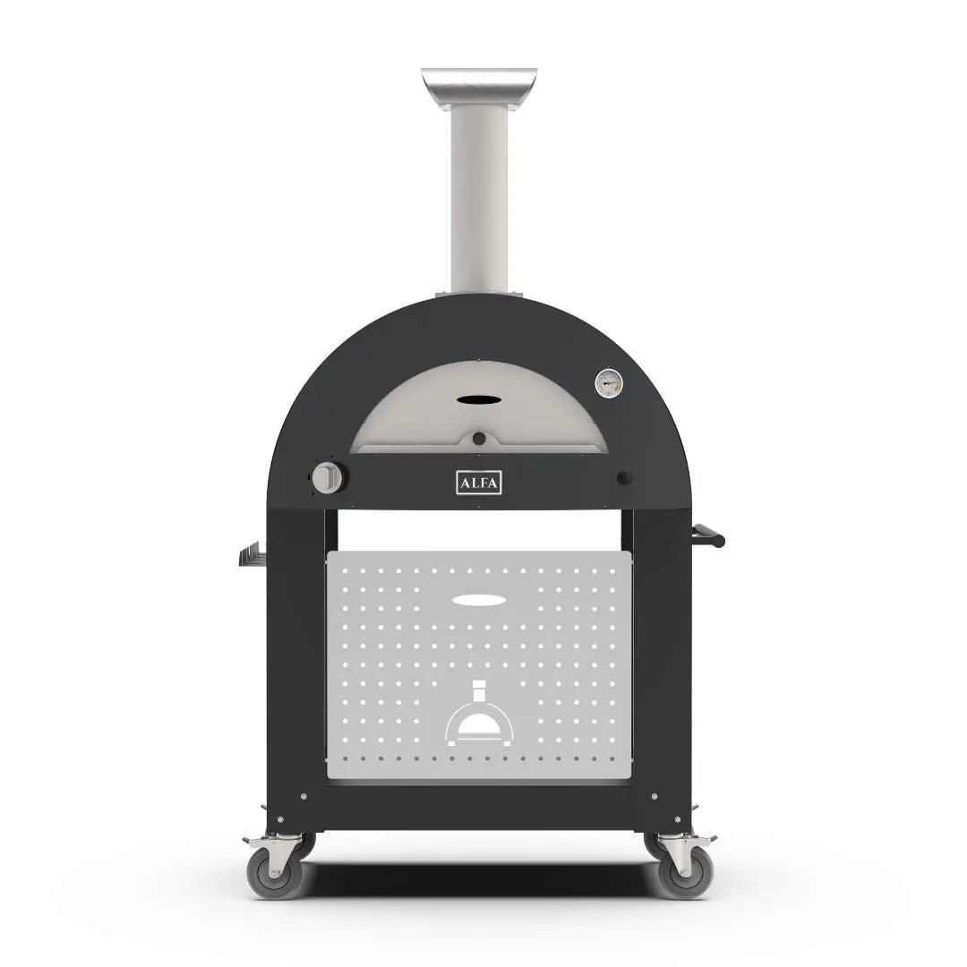Black outdoor Alfa pizza oven on trolley base on a white background