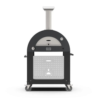 Black outdoor Alfa pizza oven on trolley base on a white background