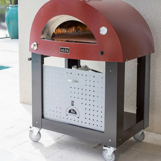 Red outdoor pizza oven with ALFA branding on trolley base on a tiled floor.