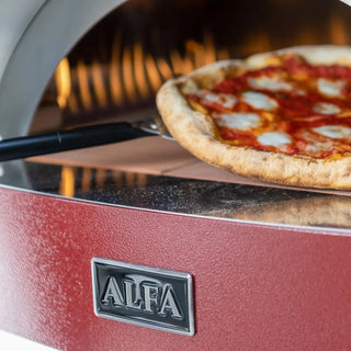 Antique Red Alfa Moderno Pizze Hybrid Gas Pizza Oven with a pizza and flames inside
