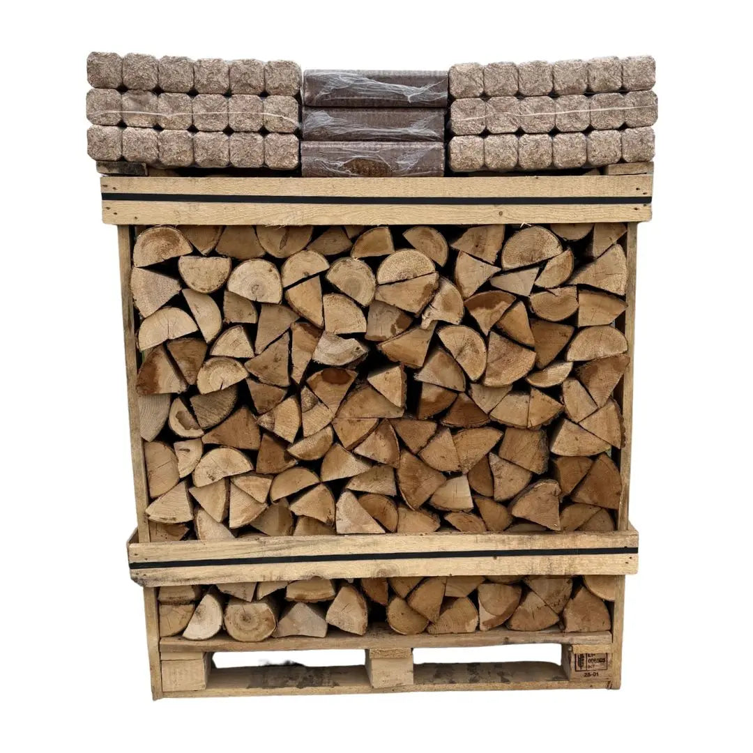 Stack of firewood on a wooden pallet with stacked heat logs on top