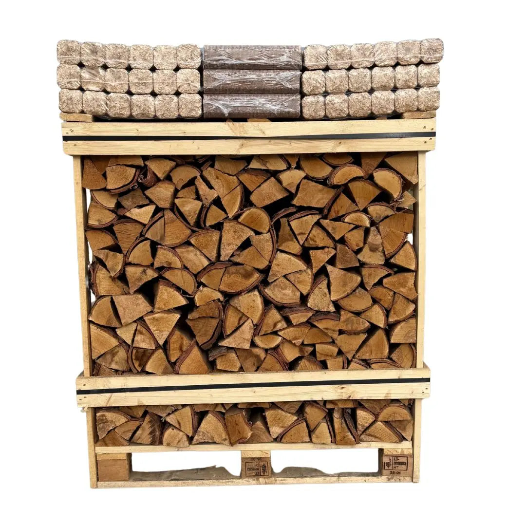 Stack of chopped wood on a wooden pallet with additional heat logs on top against a white background
